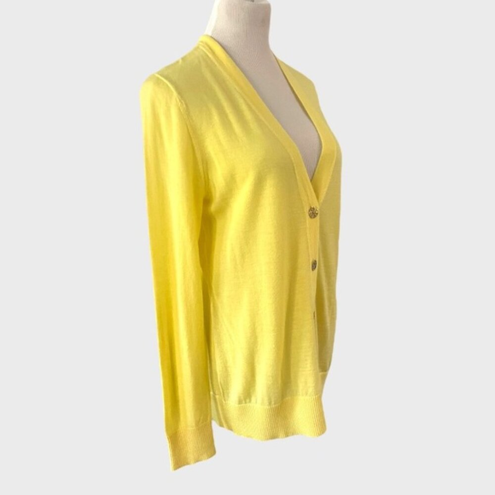 NEW NWOT TORY BURCH SIMONE LEMON CURD CLASSIC GOLD SIGNATURE BUTTON CARDIGAN XL - Picture 3 of 11